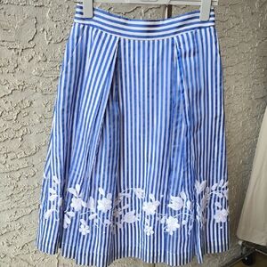 Carlisle Collection Blue and White Striped Skirt w Floral Embroidery, 100% Silk